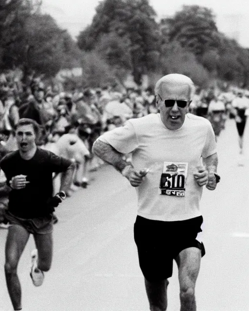 Image similar to film still close - up shot of joe biden running a marathon. photographic, photography