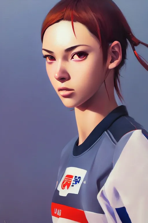 Image similar to A ultradetailed beautiful panting of a stylish woman wearing a volleyball jersey, Oil painting, by Ilya Kuvshinov, Greg Rutkowski and Makoto Shinkai