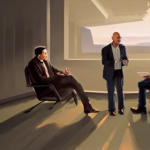 Prompt: illustration of a meeting between elon musk, mark zuckenberg, jeff bezos, very detailled, by artgem, by david rutkowski