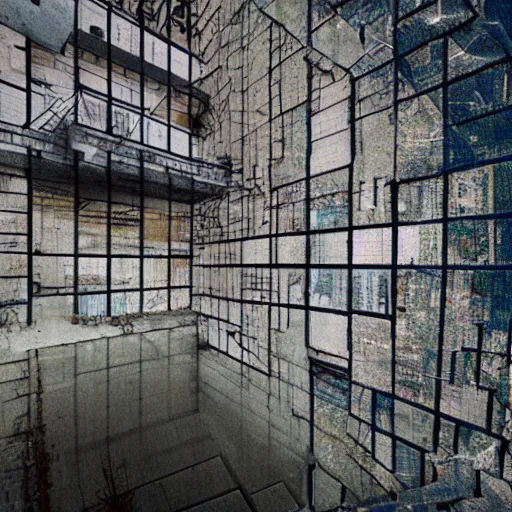 Image similar to realistic photograph of an abandoned building interior glitching through reality, glitch art