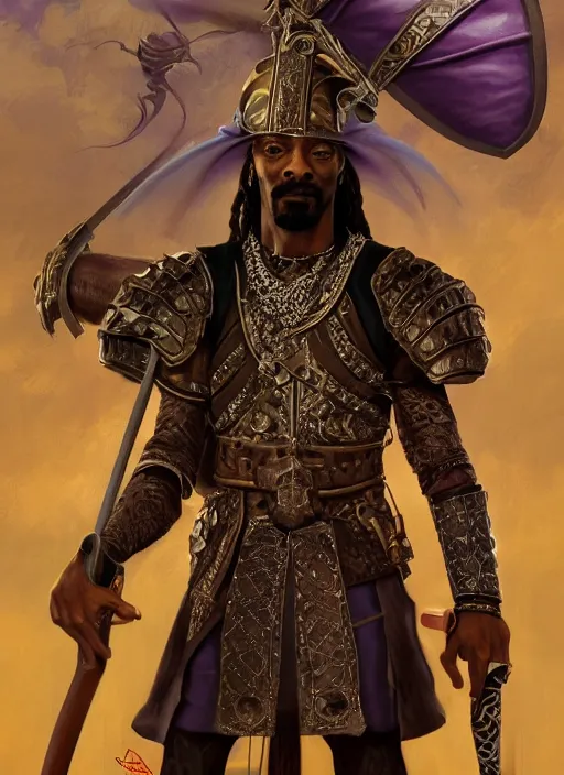 Image similar to snoop dogg as an archer, short beard, grumpy, intricate plate armor with purple accents, Ivan Aivakovsky, Boris Vallejo, epic fantasy character art, D&D Concept Art, full length, Realistic, Regal, Refined, Detailed Digital Art, Oil Paining, Exquisite detail, post-processing, masterpiece, Cinematic Lighting, Unreal Engine, 8k, HD, Stanley Artgerm Lau, WLOP, Rossdraws, Frank Frazetta, Andrei Riabovitchev, Marc Simonetti, trending on artstation,