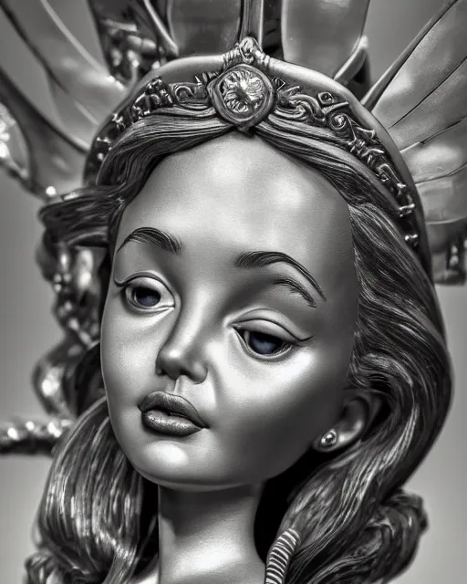 Prompt: highly detailed closeup, face profile portrait of a tin toy angelina jolie as the staue of liberty, bikini, depth of field, nicoletta ceccoli, mark ryden, lostfish, max fleischer, breathtaking, detailed and intricate environment, 8 k resolution, hyperrealistic, octane render