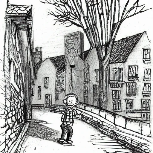 Image similar to rich detailed pencil drawing of little nicholas walking along a lonely village street, by jean - jacques sempe, by rene goscinny