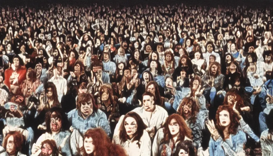 Image similar to 7 0 s film still from a horror movie of the price is right audience filled with zombies, kodachrome, cinecolor, cinestill, photorealism, cinematic, film grain, film texture, vhs recording