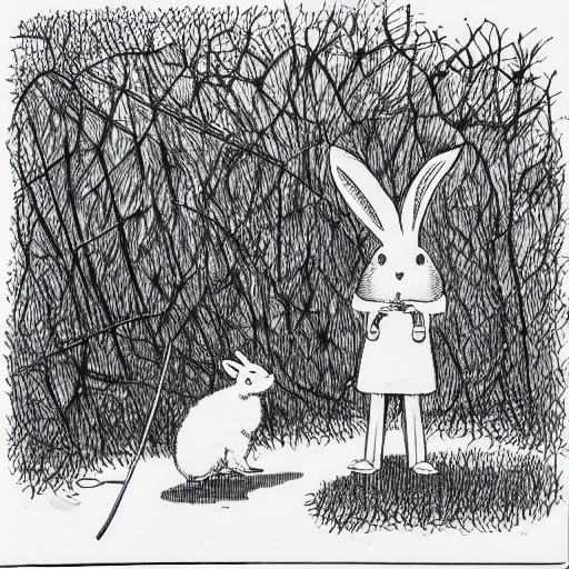 Prompt: isometric, precisely drawn, fine detailed, intense line work, drawing of a white bunny smoking a big cigarette in the deep tangled forest, by edward gorey, black ink on white paper