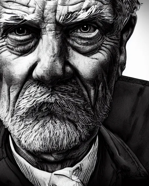 Prompt: closeup portrait of a dirty tired old man man standing on a bridge, detailed illustration, digital art, trending on artstation, martin ansin, b & w,