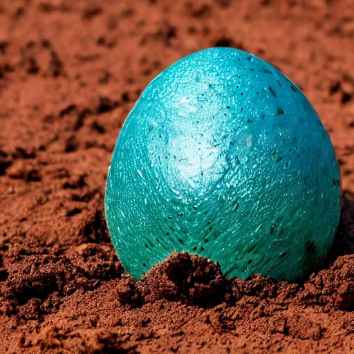 Image similar to hyper-realistic photo of a mystial dragon egg sitting in the dirt, clos up shot, 8K