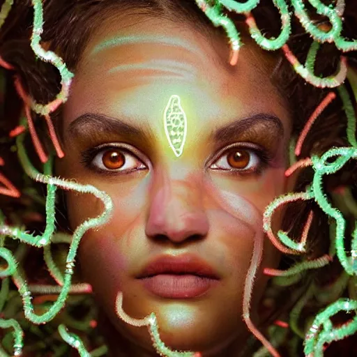 Prompt: a close - up shot of a brown woman wearing a luminous armor made of 5 0 neon jelly fishes. surrounded by jelly fishes. soft lighting. fragile. haunting eyes!! coherent face!! no makeup!! muted colors. by ray caesar. by louise dahl - wolfe. by andrea kowch. by anna claren. surreal photography