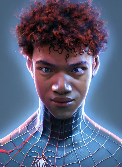 Image similar to illustration of curly orange hair man from mervel's spider man : miles morales, au naturel, hyper detailed, digital art, trending in artstation, cinematic lighting, studio quality, smooth render, unreal engine 5 rendered, octane rendered, art style by klimt and nixeu and ian sprigger and wlop and krenz cushart and marvel