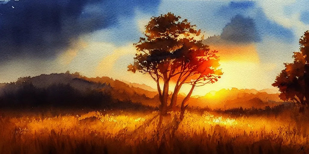 Image similar to golden hour nature landscape, watercolor, ultra realistic, highly detailed, hd, sharp focus, cinematic lighting, warm colors, realistic, photorealistic, vivid colors, painting, digital art, non blurry, sharp, artstation, smooth, illustration