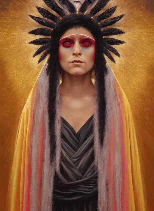 Image similar to acid tripping cult magic psychic woman, third eye, occult ritual, dark witch headdress, oil painting, robe, symmetrical face, greek dark myth, by John William Godward, Sean yoro, Anna Dittman, masterpiece