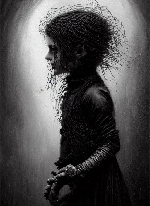 Image similar to highly detailed oil painting | very intricate | cinematic lighting | black, white and blood color scheme, dark background | portrait of a exquisite beautiful vampire little boy with long elegant tangles of black hair, eyes, gothic fog ambience, hyper realistic head, fantasy victorian art, in the style of greg rutkowski, zdizslaw beksinski, intricate, alphonse mucha