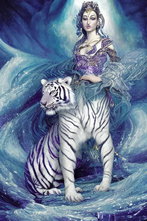 Image similar to a beautiful ultradetailed painting of the empress on a throne made of waves and ice with her white tiger guardian by Karol Bak, blue and purple colour scheme, volumetric lighting.