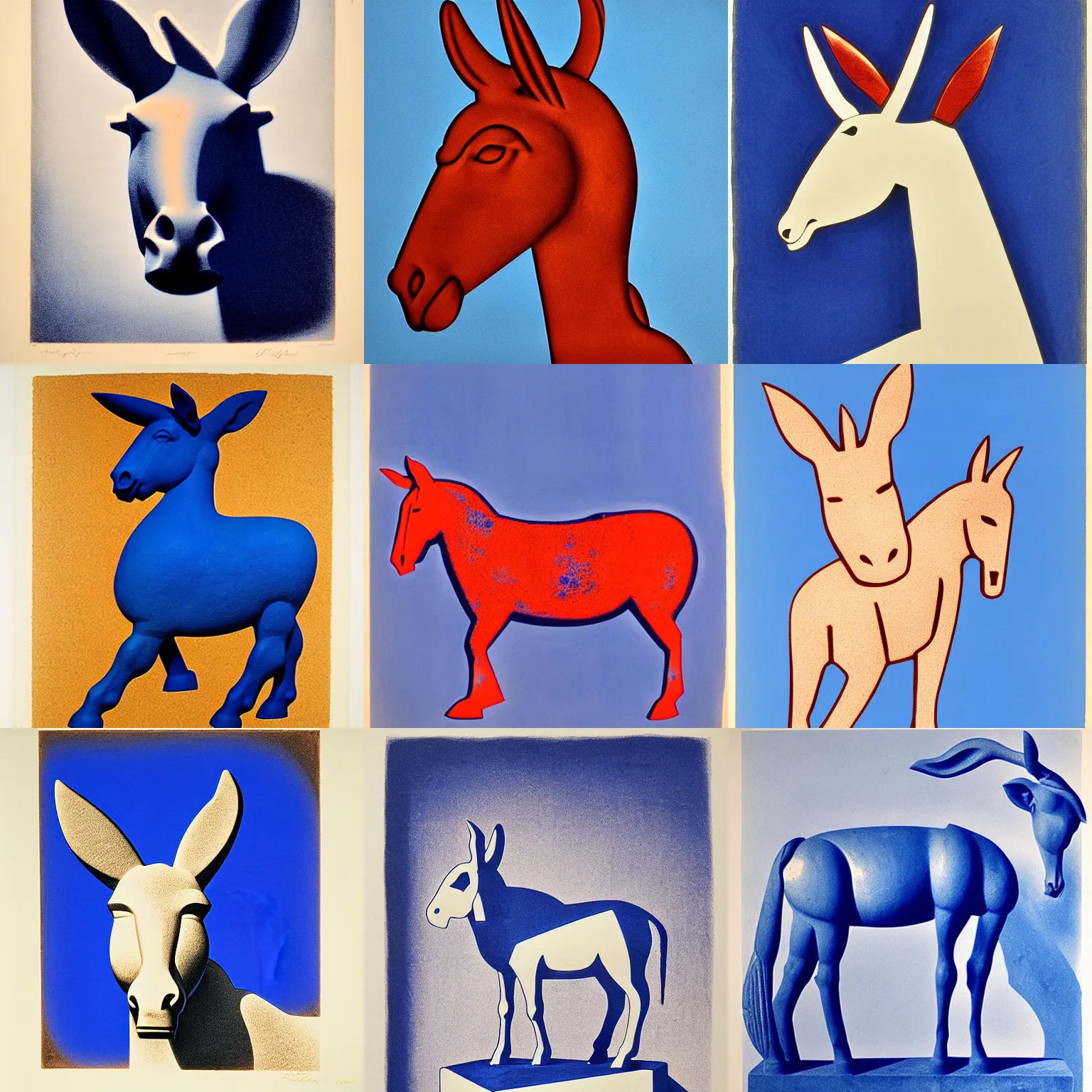 Prompt: duotone lithograph of sculpture of donkey in cycladic style, ultramarine blue and red iron oxide
