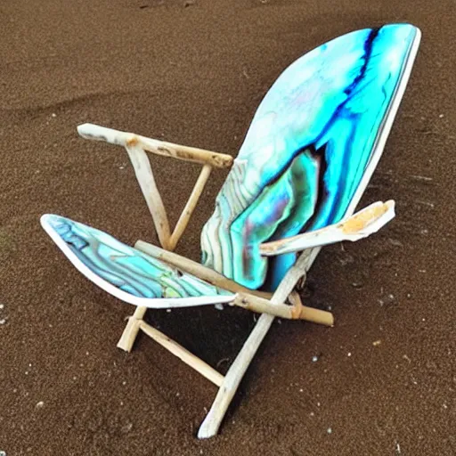 Image similar to “beach chair made of large abalone shell, driftwood, 35 mm product photo”