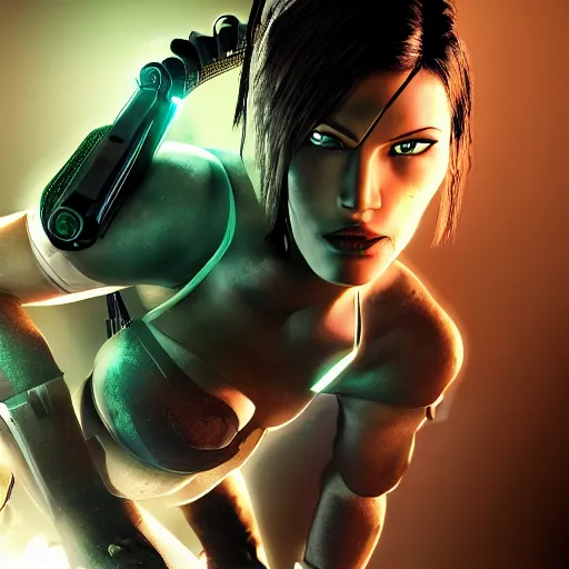 Image similar to Cyborg Lara Croft with white hair, green eyes, exploring futuristic base, Deus Ex elegant clothes, illuminated by surrounding lights, high quality, highly detailed