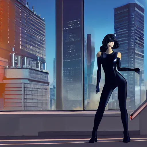Image similar to A cybernetic woman in a sleek black jumpsuit, looking over her shoulder with a enigmatic smile, standing in front of a large window with a cityscape in the background, by James Jean and Jen Lee and Rebecca sugar, sci fi world, pixiv, unreal engine, HD