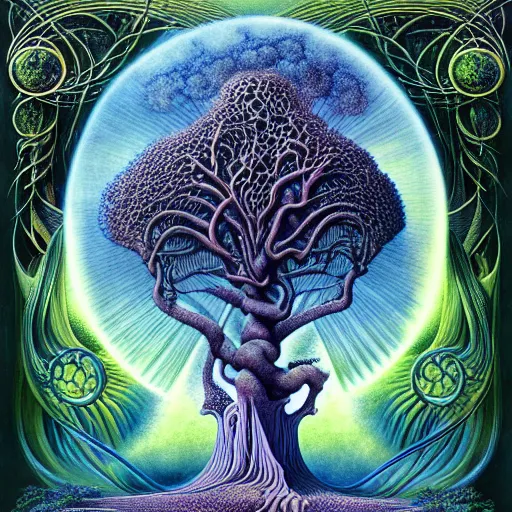 Prompt: sacred mulberry tree by roger dean and andrew ferez, art forms of nature by ernst haeckel, divine chaos engine, symbolist, visionary, art nouveau, botanical fractal structures, tree of life, lightning bolts, heimat, detailed, realistic, surreality