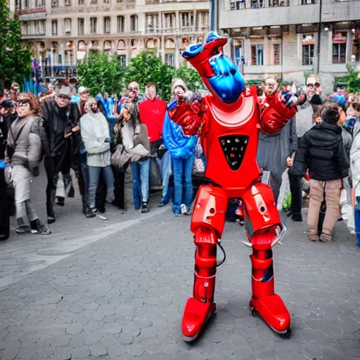 Prompt: a futuristic cyberpunk jester robot entertaining a crowd on a small box in the middle of the city square