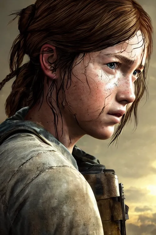Image similar to portrait art of ellie from the last of us part 2, 8 k ultra realistic, digital art, character portrait, highly detailed, trending on artstation, lens flare, atmosphere, hyper realistic, cinematic lightning, sharp focus, unreal engine 5, extreme details perfect face, pretty face, fine - face, illustration, 8 k, ultra texture, masterpiece