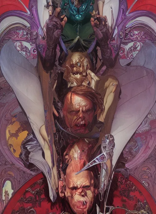 Prompt: random horror movie poster, colourful, dramatic, by alex ross, alphonse mucha, moebius, amano, greg hildebrandt, and mark brooks, masculine, male, art nouveau, neo - gothic, gothic, character concept design, dynamic light, stylised illustration, disco elysium
