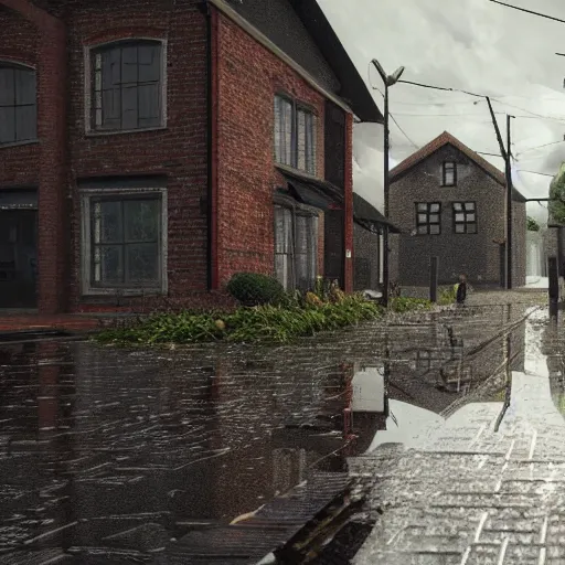 Image similar to still photo of rain puddles and reflections in a village, cloudy weather, highly detailed, photorealistic shot, bright studio setting, studio lighting, crisp quality and light reflections, unreal engine 5 quality render