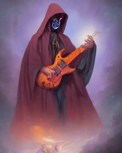 Image similar to colorful baroque portrait of a shadowy man wearing a hooded cloak, playing a guitar, gallery art by peter mohrbacher, artstation, artgate