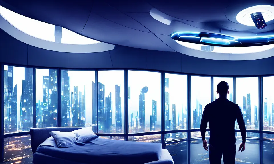 Image similar to a futuristic bedroom with large curved ceiling high windows looking out to a far future cyberpunk cityscape, a man standing at the window, flying futuristic drones outside, cyberpunk neon lights, raining, scifi