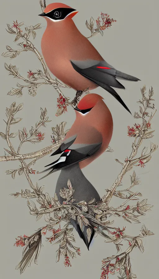 Image similar to ethereal bohemian waxwing bird, bombycilla garrulus + intricate details, ornate, detailed illustration, octane render + johanna rupprecht style, william morris style + trending on artstation.