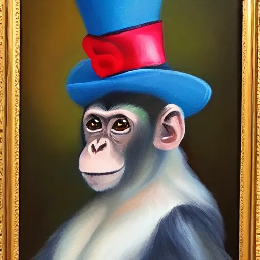 Image similar to a beautiful oil painting of a monkey in a blue top hat , 8k , award winning