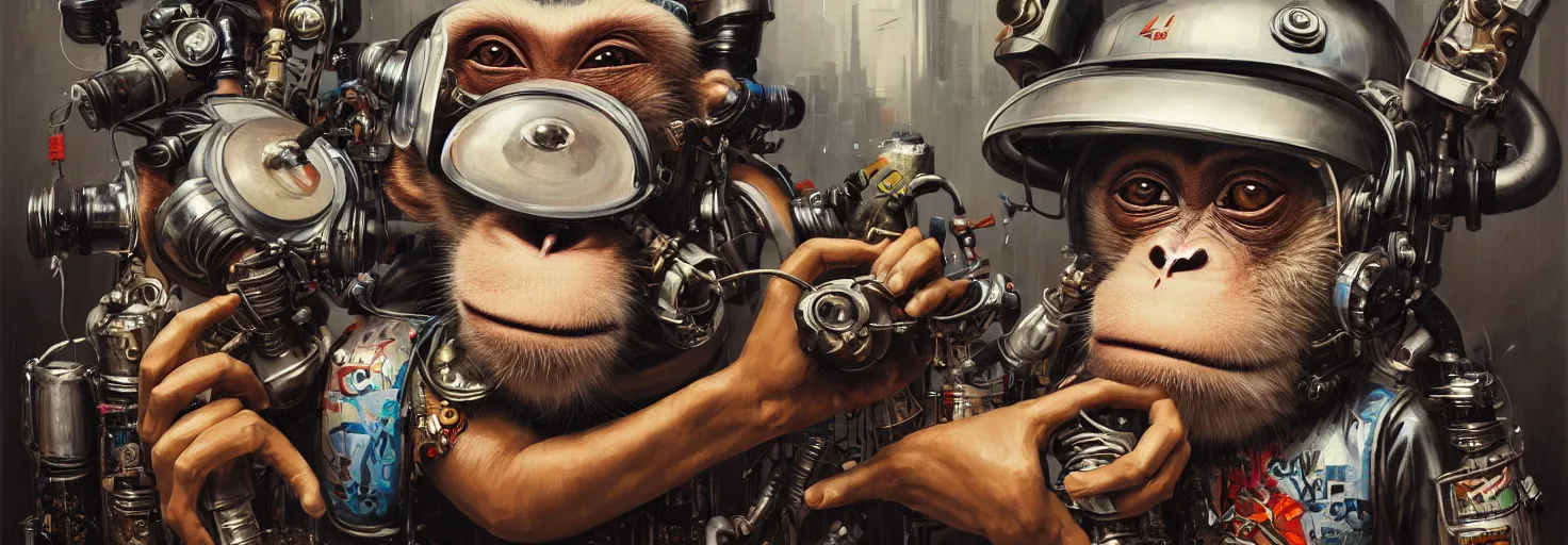 Prompt: a portrait of four anthropomorphic cyberpunk monkey wearing a crash helmet, beating the bongos by sandra chevrier, by jon foster, detailed render, cymbals, epic composition, cybernetics, 4 k realistic, bongos, cryengine, realistic shaded lighting, sharp focus, masterpiece, by enki bilal