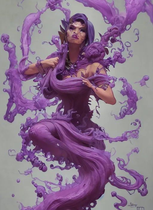 Image similar to mad madam mim, ugly! warts! purple smoke in motion, floating pieces, painted art by tsuyoshi nagano, greg rutkowski, artgerm, alphonse mucha, spike painting