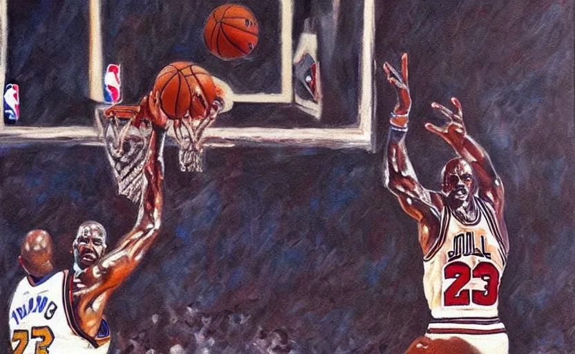 Image similar to beautiful painting of Michael Jordan playing basketball, NBA Finals, oil painting, masterpiece, highly detailed and ultra realistic, trending on artstation