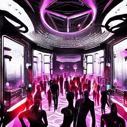 Prompt: ultra realist soft painting render of the inside futuristic bar in loveraftian universe, beautiful cyborg dancers, crowded silhouettes, symmetry accurate features, very intricate details, black white red purple color palette, masterpiece award winning, cinematic lighting, focus