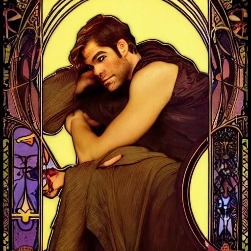 Image similar to chris pine portrait by louis - theophile hingre and alphonse mucha, realistic, sharp focus, zodiac signs, tarot cards, planets, ethereal, art nouveau, magic, moon, sun, crown, dreamy, royal, jewellery