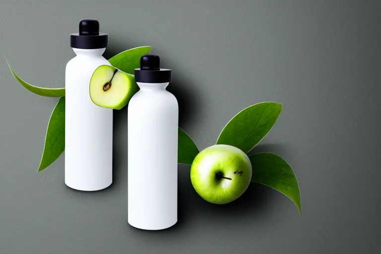 Prompt: minimalist zen juice bottle on a zen minimalist white table lying on sliced green apples, intricate detail, high quality, hyperrealistic,