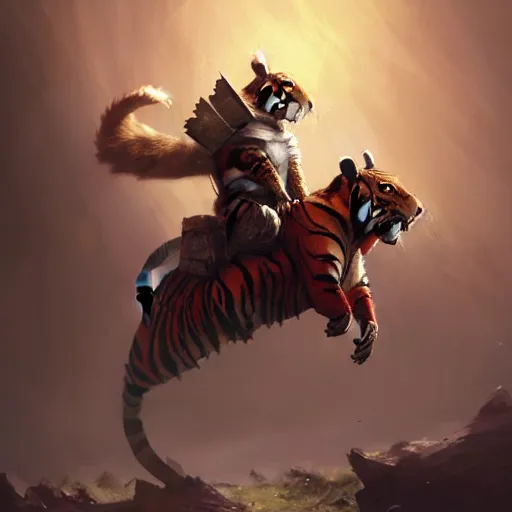 Image similar to Squirrel knight riding tiger, magic the gathering artwork, D&D, fantasy, cinematic lighting, centered, symmetrical, highly detailed, digital painting, artstation, concept art, smooth, sharp focus, illustration, volumetric lighting, epic Composition, 8k, art by Akihiko Yoshida and Greg Rutkowski and Craig Mullins, oil painting, cgsociety