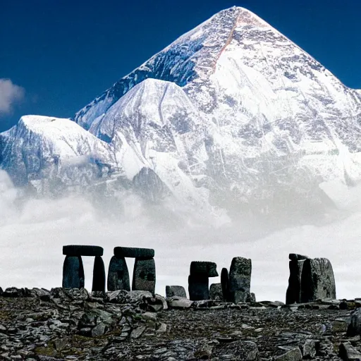 Prompt: stonehenge at the top of everest, with pyramids visible at the horizon