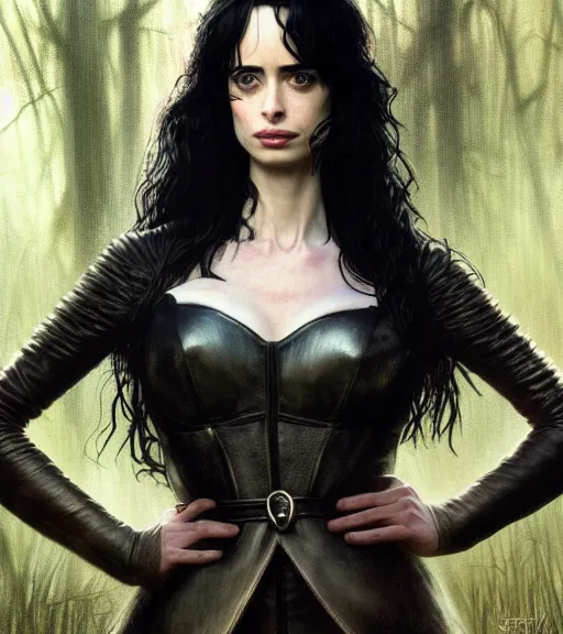 Image similar to 5 5 mm close up portrait photo of krysten ritter as yennefer of vengerberg with purple eyes in black leather armor and long black wavy hair, in a forest. magical atmosphere. art by greg rutkowski. lifelike. very detailed 8 k. intricate. soft light. nikon d 8 5 0.