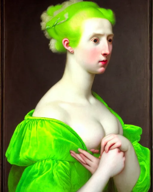 Image similar to photo-realistic portrait of a young pale woman with pink hair, wearing a neon green dress by Vivienne Westwood, intricate details, super-flat, in the style of James Jean, Jean Auguste Dominique Ingres, black background