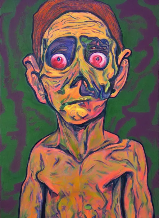 Image similar to scout boy, grotesque, doomed, acrylic paint, gouache on canvas, ugly art, grotesque, high resolution, thermal effect,