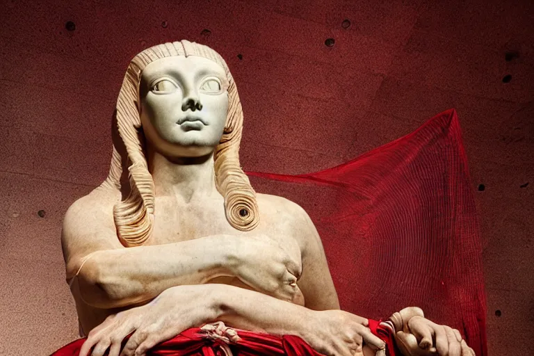 Image similar to a cinematic view of a ornated holy marble sphinx statue using an old red silk veil made by hedi xandt, chris haas and bernini, realistic, macabre art, detailed image, photorealistic, volummetric light