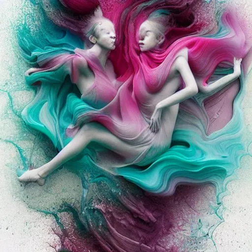 Prompt: beautiful women bodies intertwined made out of gray, pink, and aqua colored liquid swirling by alberto seveso, colorful, vibrant, elegant, gorgeous, floral
