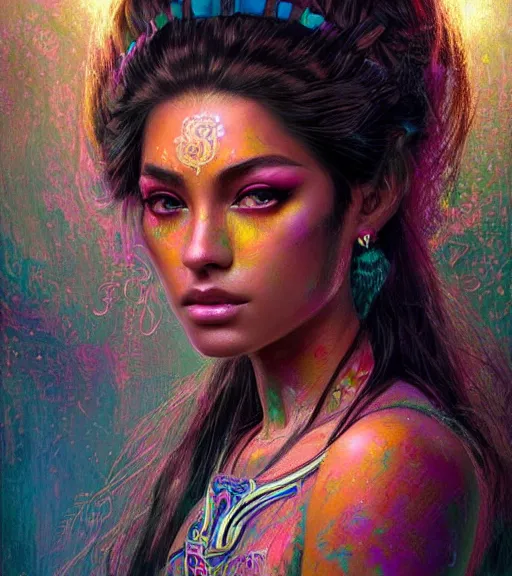 Image similar to beautiful intricate exquisite mayan princess realistic face, beautiful eyes, neon colors, drawing, in the style of greg rutkowski, fantasy, amazing detail, epic, intricate, elegant, smooth, sharp focus