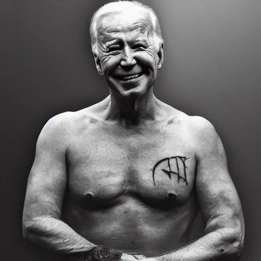 Prompt: realistic photograph from nick ut and eddie adams and margaret bourke and yousuf karshs, fine details, 4 k, 5 k extremely details, aesthetic / joe biden shirtless and have yakuza tatto on his body