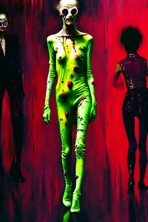 Image similar to crazy fashion catwalk, one model, crazy clothes, biopunk style, horror, clothes look like slime, hauntingly surreal, highly detailed painting by francis bacon, edward hopper, adrian ghenie, gerhard richter, and james jean soft light 4 k,