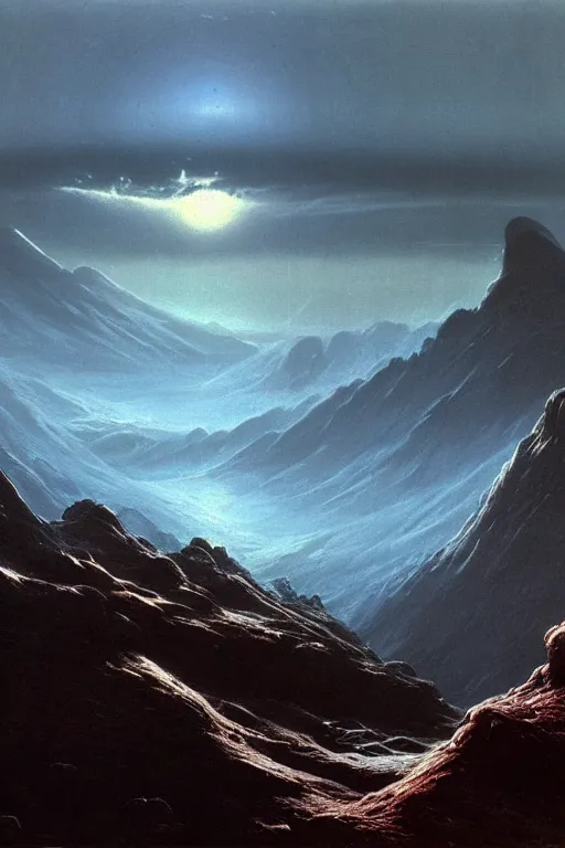 Prompt: a hyper realistic mountain scape scene by arthur haas and bruce pennington and john schoenherr, cinematic matte painting, dark moody color palate,