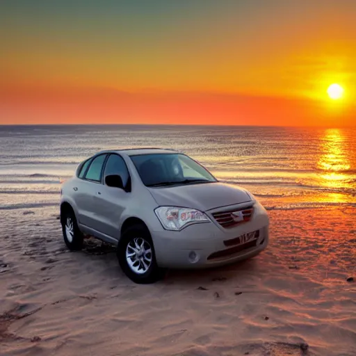 Image similar to a car chilling on the beach, sunset