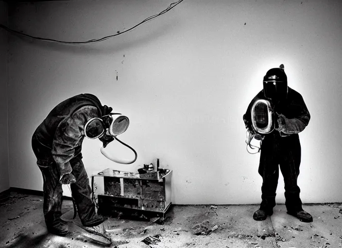 Prompt: welder in welding mask in an abandoned asylum, by richard avedon, tri - x pan stock