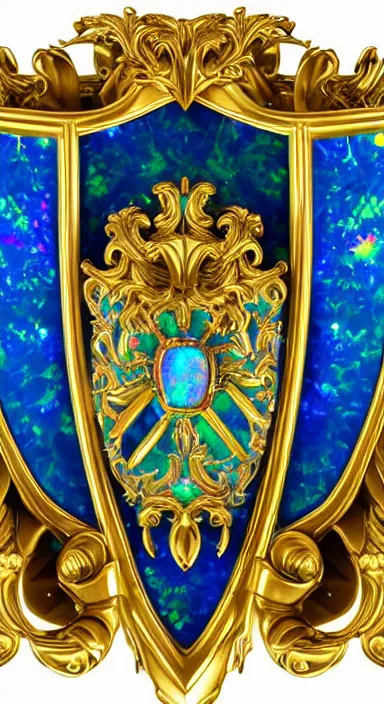 Prompt: beautiful heraldic crest depicting iridescent opal crystals and intricate filigree forms, gilded, Highly detailed, hyperreal, high definition, 8k, 8k render, realistic lighting, cinematic, product shot, dramatic